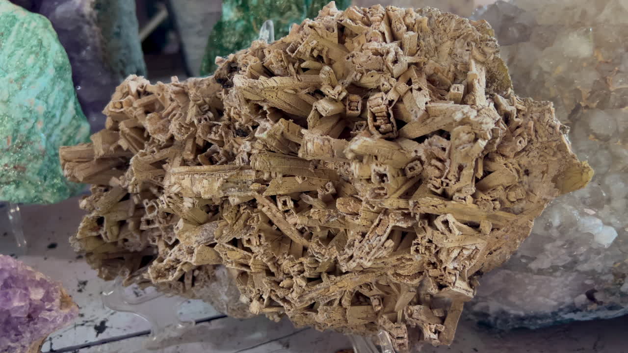 Calcitkrystalformation med kompleks skeletstruktur afsløret i et detaljeret nærbillede, der viser indviklet naturlig mineralvækst