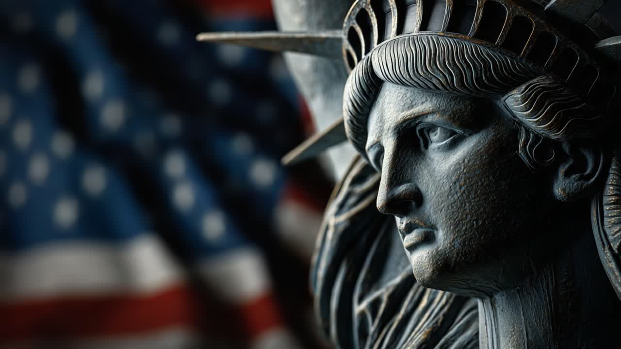 The iconic symbol of freedom and democracy, this artwork captures the essence of a monumental statue, representing hope and the spirit of a nation against a patriotic backdrop