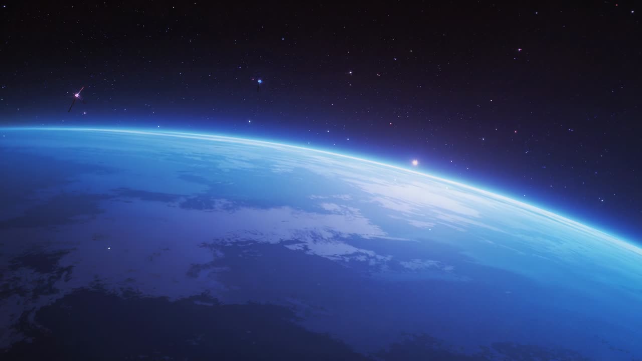 Tracing thin dawn glow guiding planet Earth slowly rotating over outer space, with distant stars