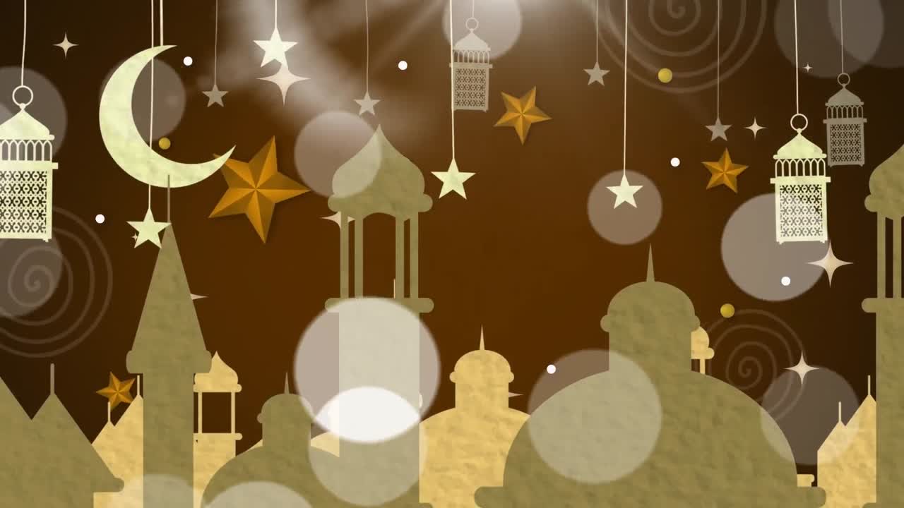 animación de luces sobre linternas, lunas y mezquita