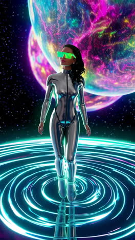 futuristic woman in silver suit on neon rings with cosmic planets