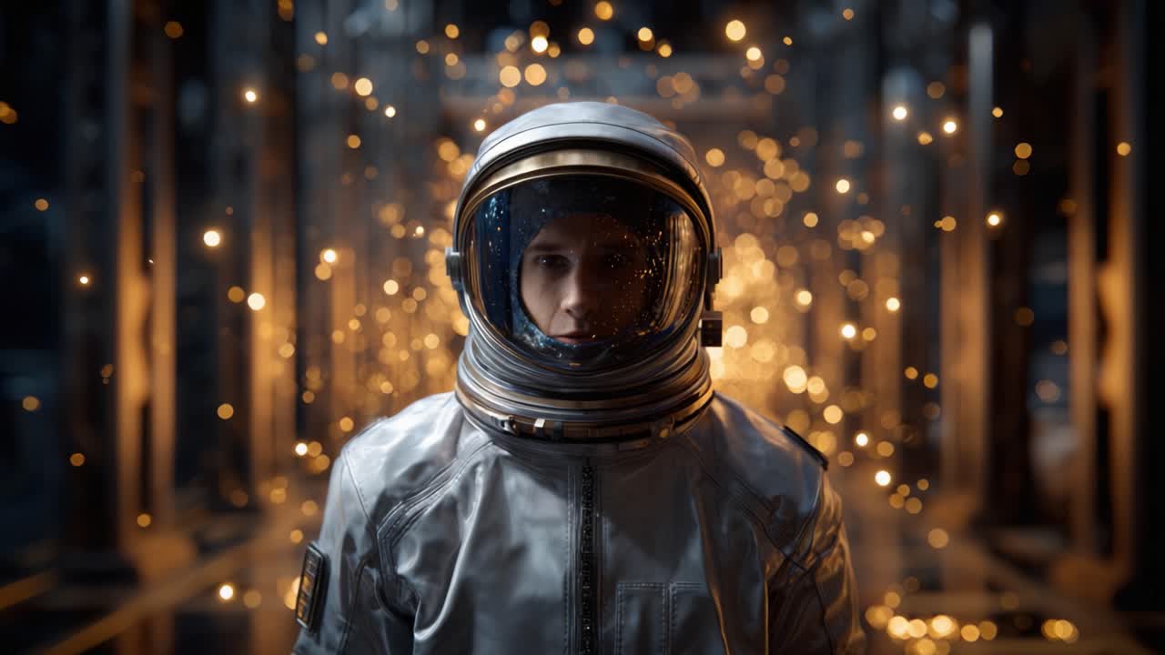 En astronaut står stille i et futuristisk miljø fyldt med glødende partikler, der indfanger essensen af rumudforskning og interstellart eventyr i et fantastisk øjeblik.