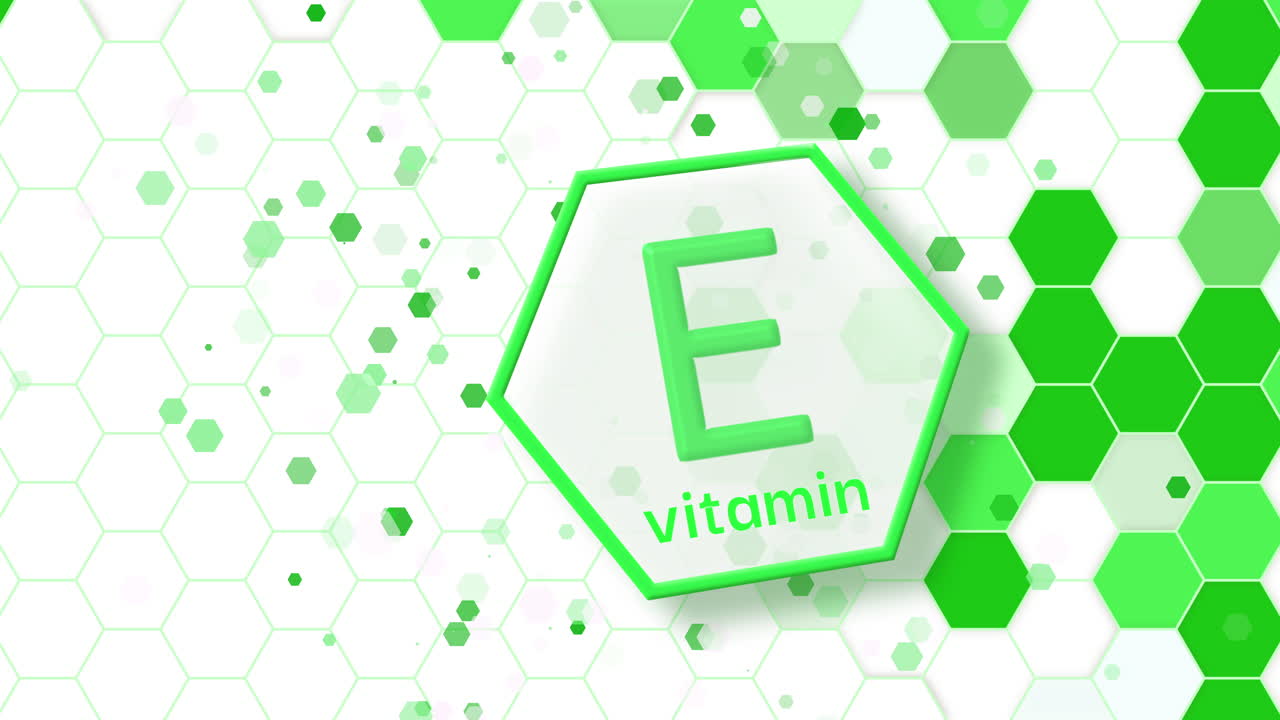 Animated frame with green hexagons and 3D vitamin E icon on white background with empty space for text. Looped motion graphics.