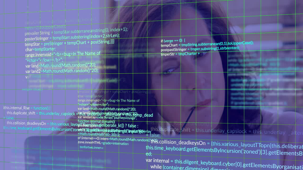 animación del lenguaje de la computadora, mujer caucásica poniendo un palo de gafas en la boca mirando la computadora portátil