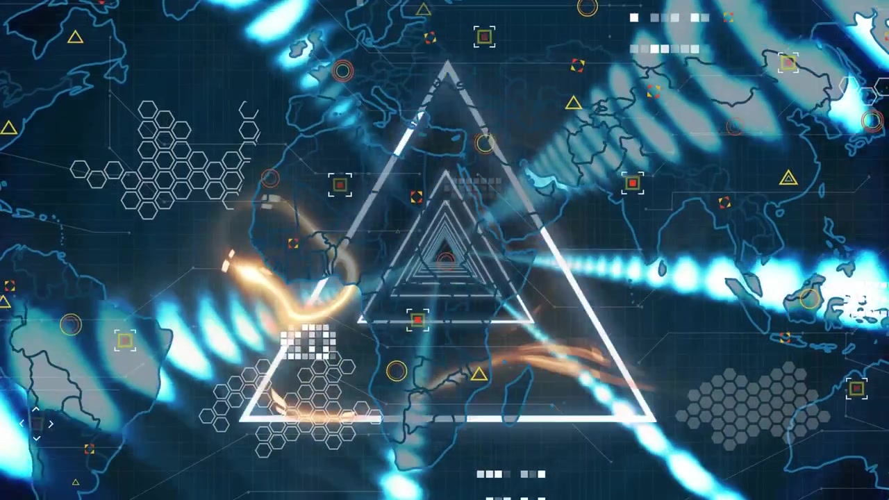Animation of data processing and world map over dark background