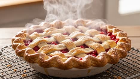 freshly baked cherry pie steaming and glowing with warmth, showcasing a golden crust and juicy filling, perfectly crafted for any dessert lover