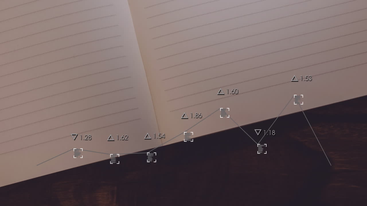 Open notebook with financial data processing animation over wooden desk