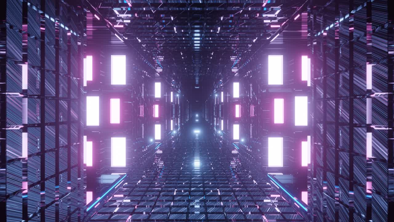 Animation of immersing through long highly reflective, shiny, glowing and vivid tunnel