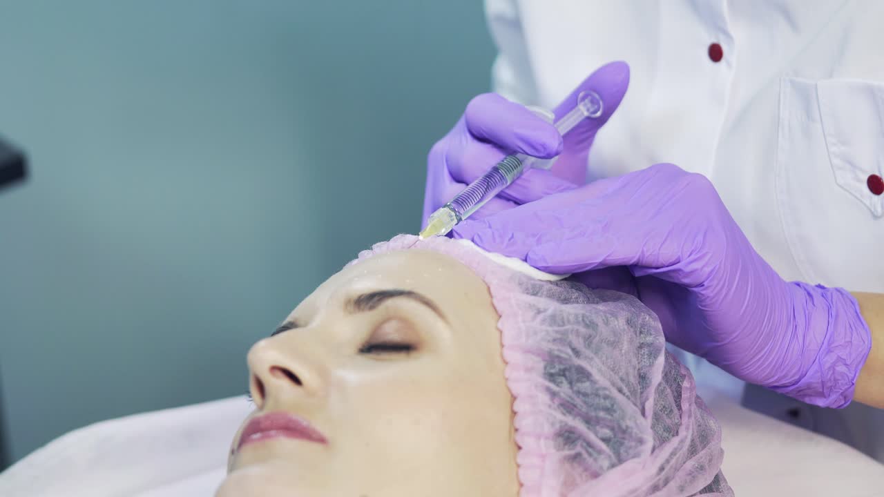 Beautician procedure into the patient's forehead in clinic. Modern trend in beauty industry. Injectional cosmetology.
