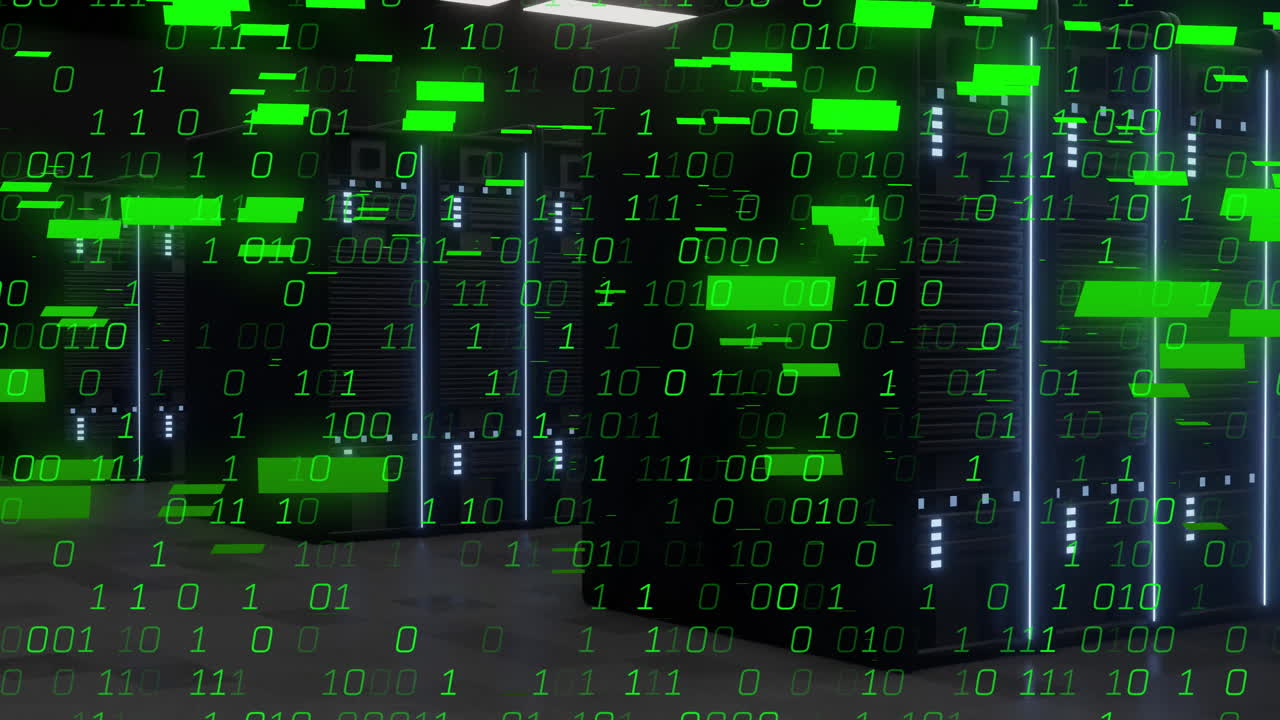 In data center, binary code animation moving over servers, creating digital effect