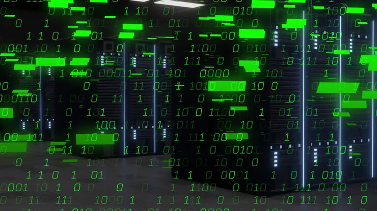In data center, binary code animation moving over servers, creating digital effect
