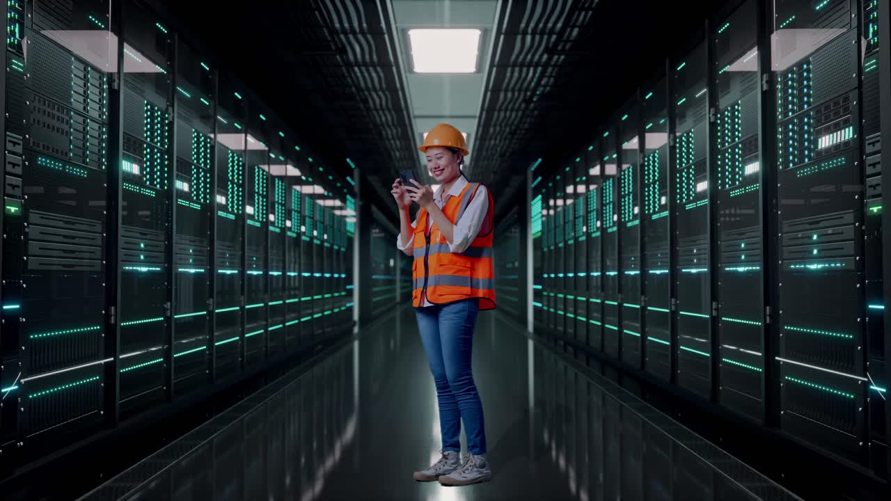 Full Body Side View Of Asian Female Engineer With Safety Helmet Using Smartphone While Standing in Server Room Data Center