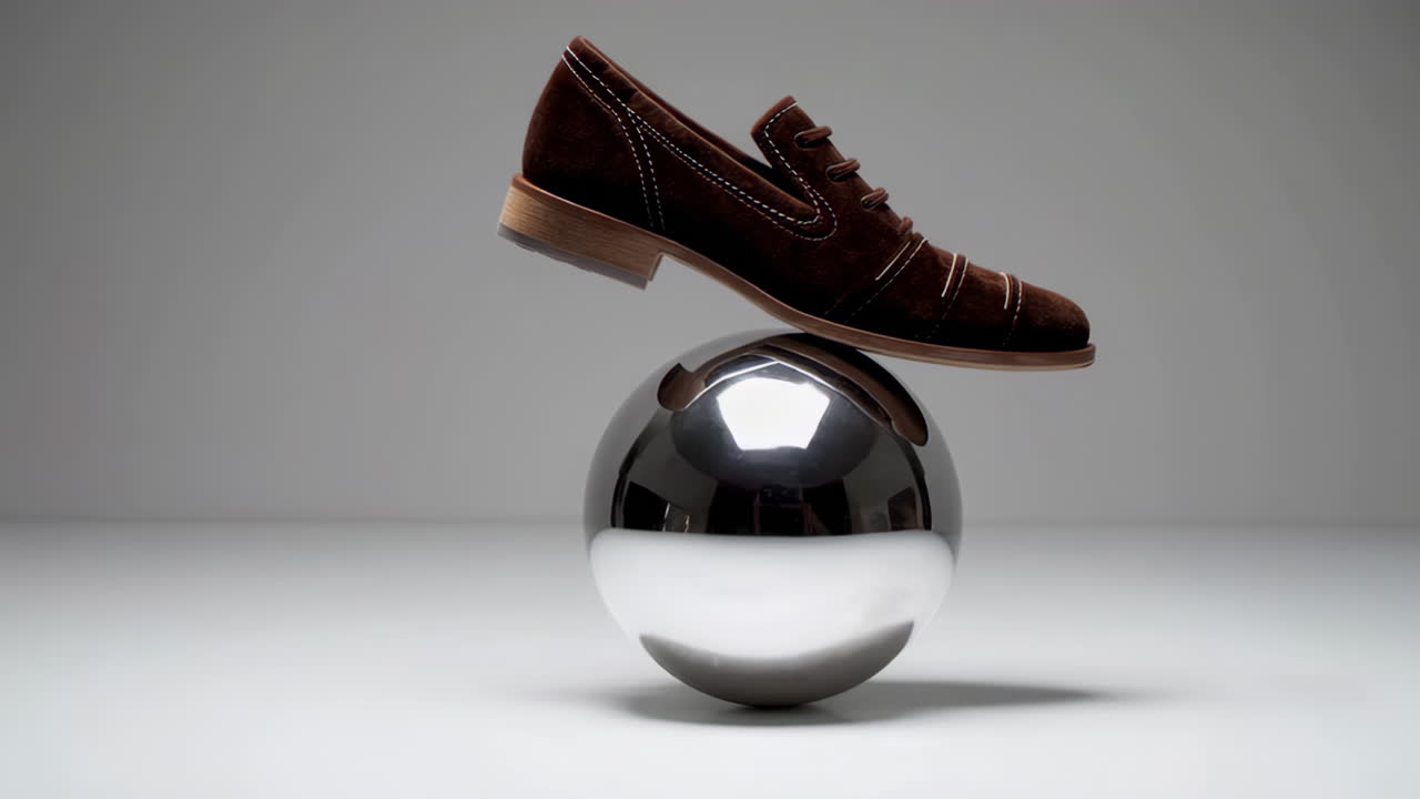 Brown Suede Shoe Balancing on a Chrome Sphere