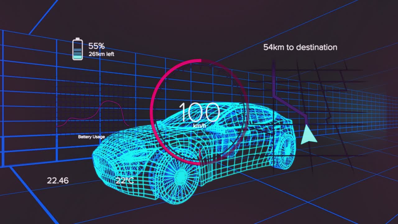 Speed gauge activating 3D car accelerating and slowing showing battery level with distance left