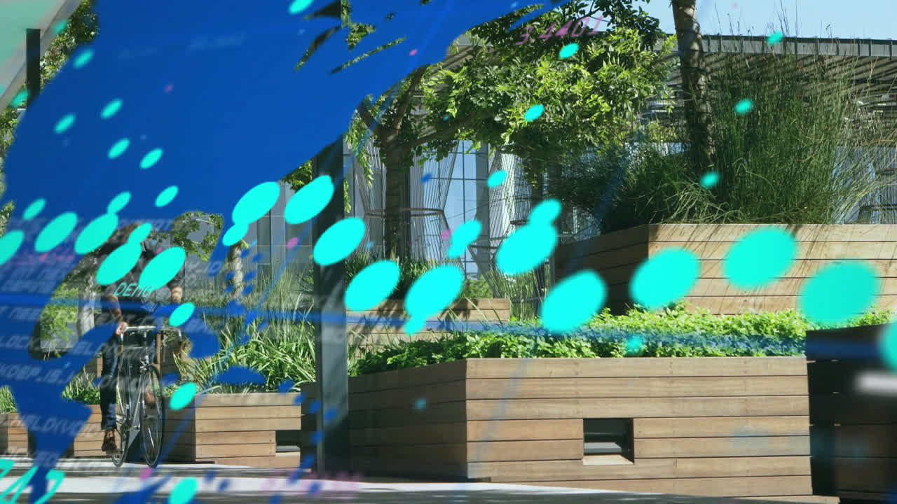 Blue and green abstract animation over modern garden with wooden planters