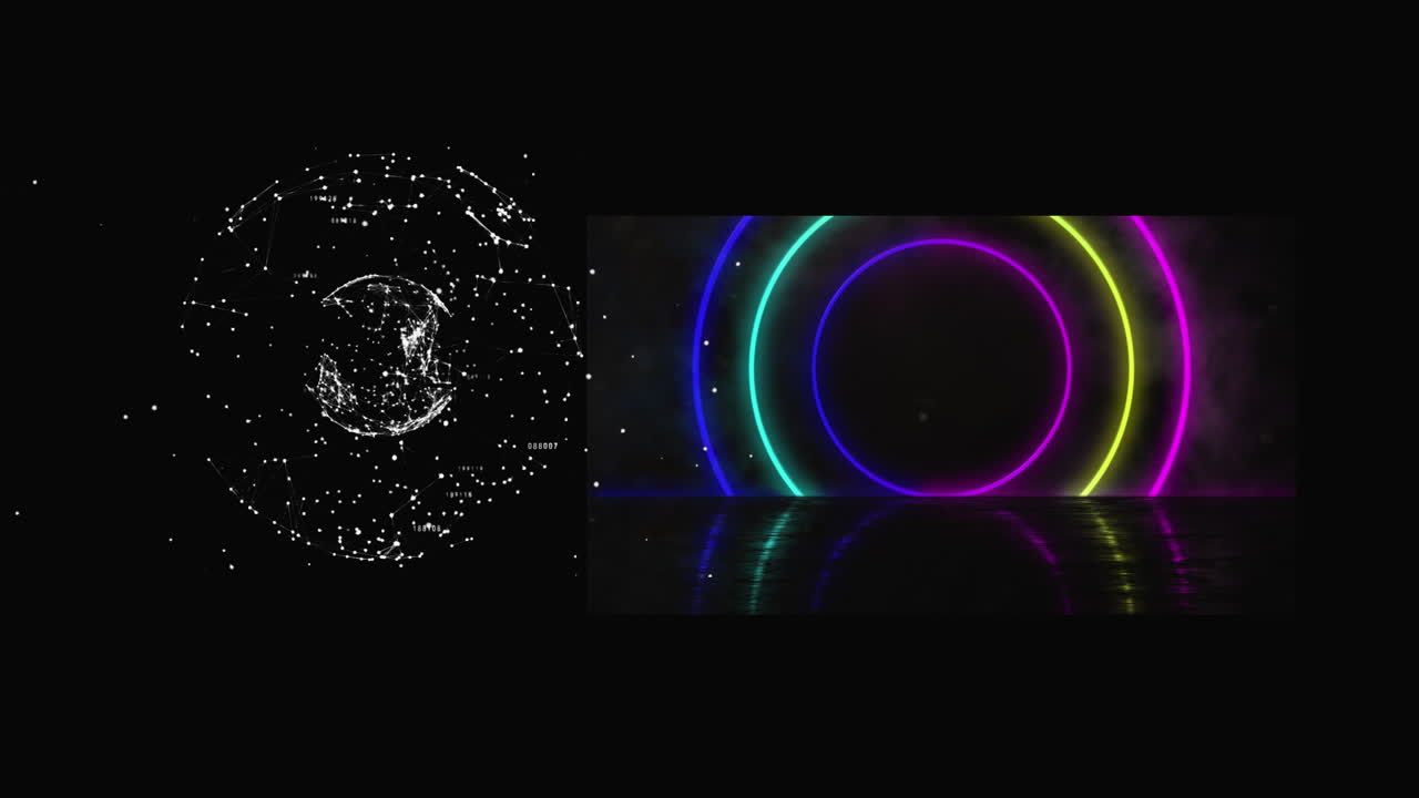 검은 바탕 위의 연결 네트워크와 네온 서클의 애니메이션