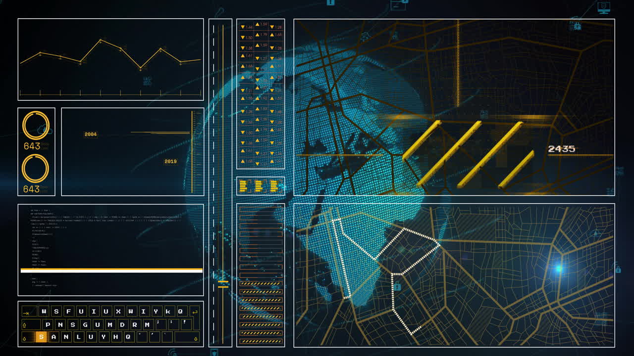 Animation showing data analytics on digital interface with world map connections