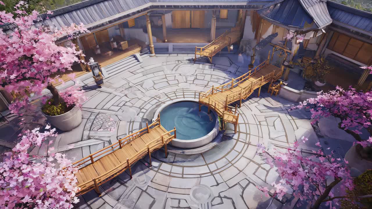 Serene Japanese Courtyard with Cherry Blossoms and Bridges