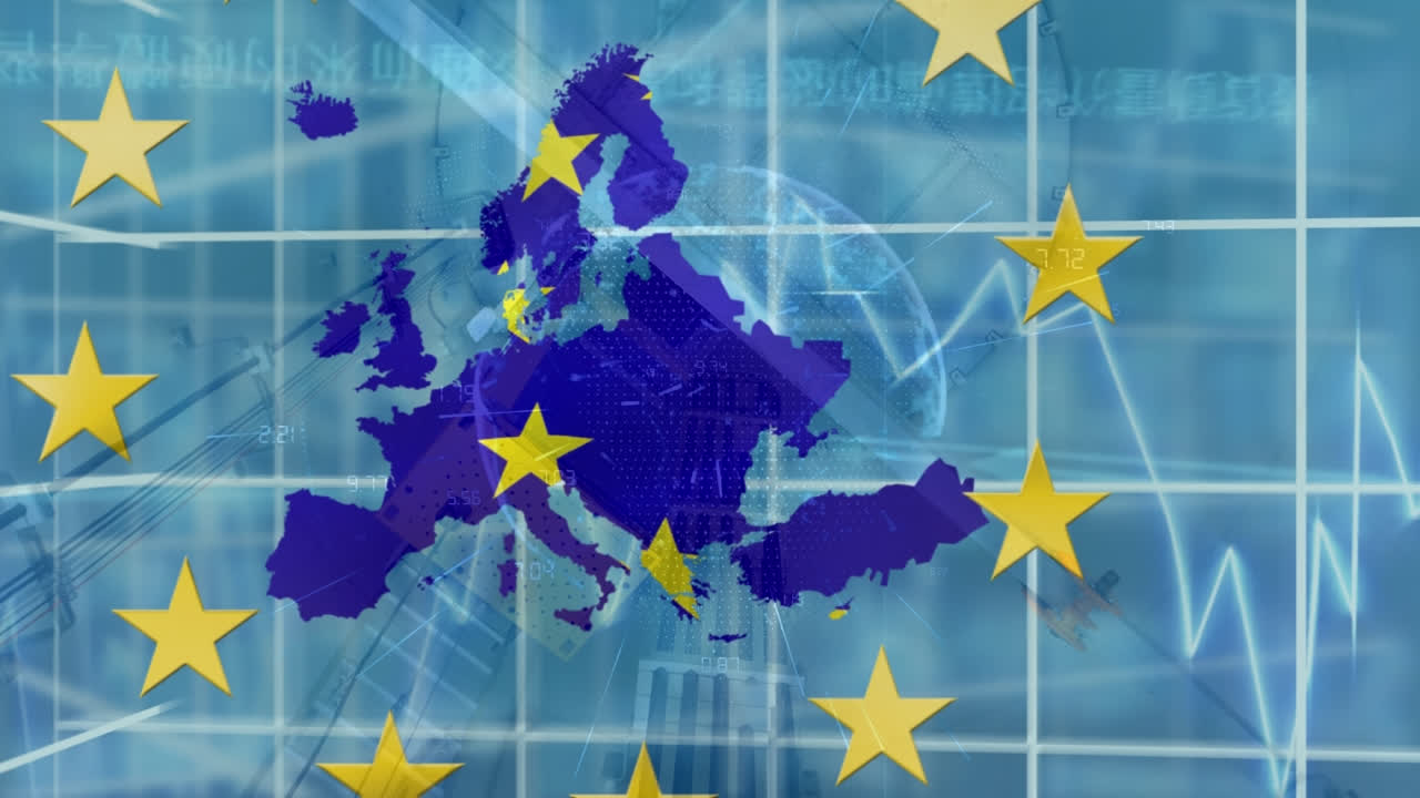 animación del procesamiento de datos financieros sobre la bandera de la ue
