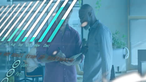 animation of financial data processing over diverse business people in office