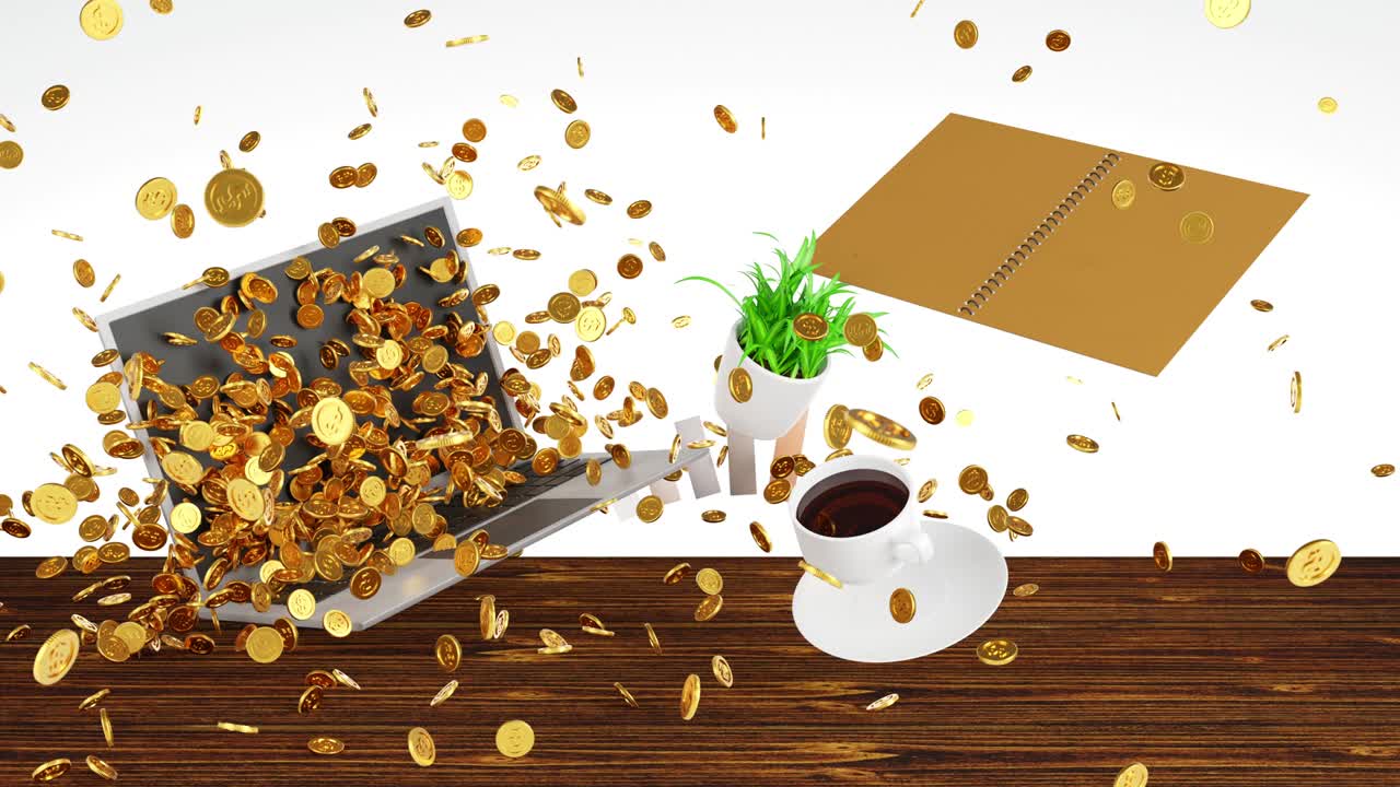 노트북 화면에서 금 동전이 날아나오는 온라인 시장 성공 개념 3d 렌더링 4k