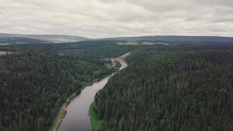 aerial view of river winding through lush forest