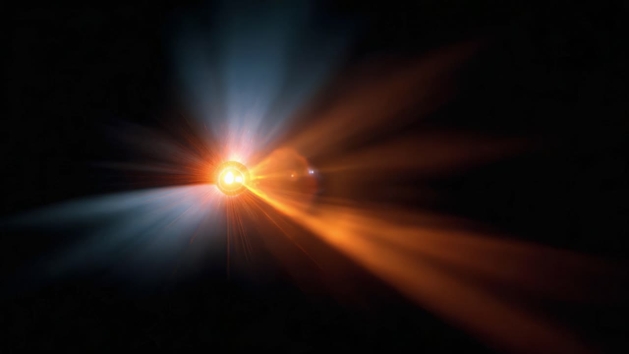 Visualizzazione dinamica di fenomeni celesti luminosi che mettono in risalto i riflessi della luce e l'emissione di energia radiante in un contesto cosmico scuro