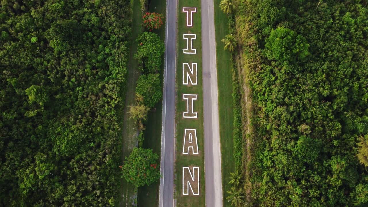 Bird's eye view of Broadway road showing Tinian island landmark, Northern Mariana Islands