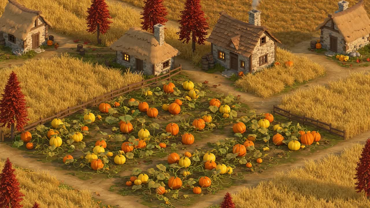 pumpkin,autumn,farm,cottage,landscape,harvest,field,vegetables,garden,crop,nature,rural,season,color,orange,golden,trees,scenery,rustic,crops,vibrant,growth,agriculture,scenic,peaceful,woodland,rurality,countryside,bounty,home,village,leaves,soil,environment,bushes,pathway,structure,sunlight,vintage
