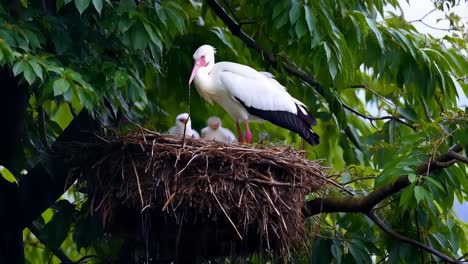 a white bird is standing on a nest with two other birds