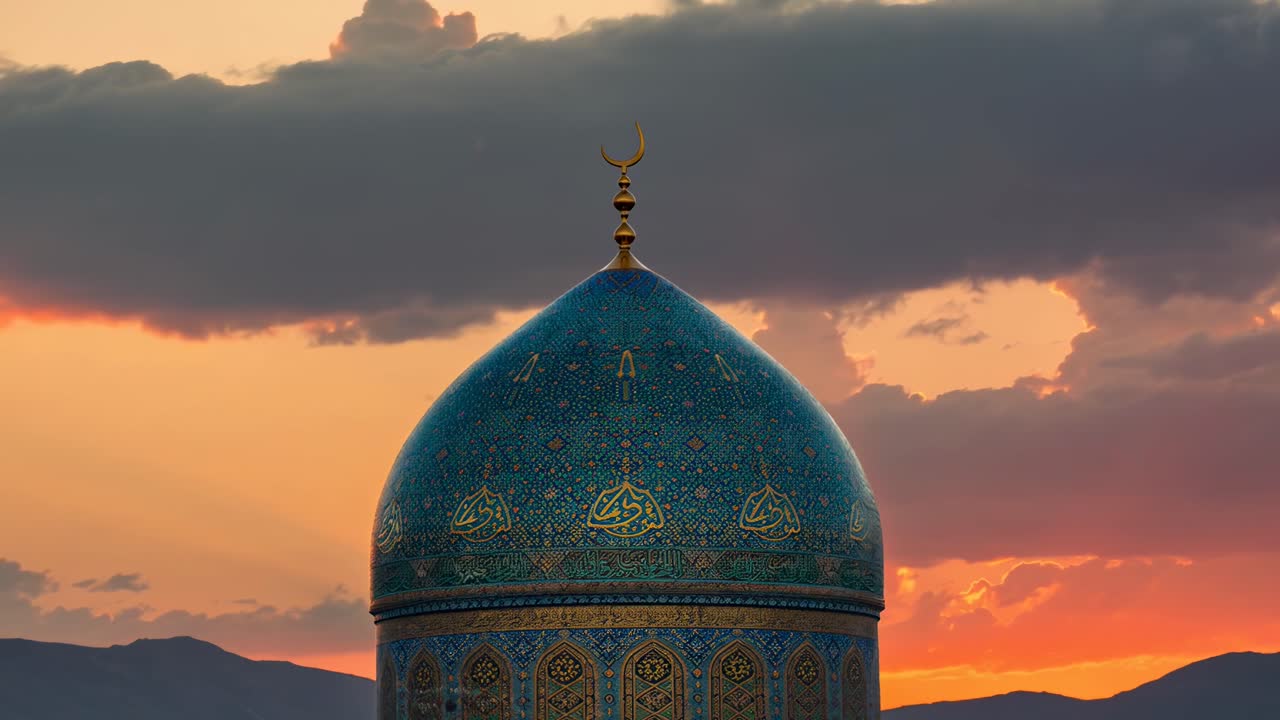 A video captures a low-angle view of a mosque dome at sunset, highlighting intricate patterns