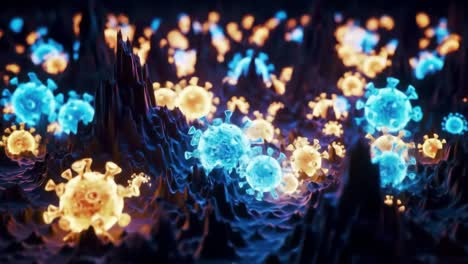 a dynamic visualization of viruses in a complex terrain, showcasing the intricacies of microorganisms amidst a multicolored landscape of infection