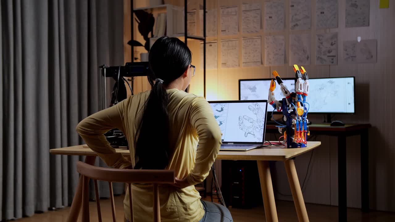 3d 프린팅으로 키보그 손을 디자인하는 동안 허리 통증이있는 십대 아시아 소녀의 뒷면