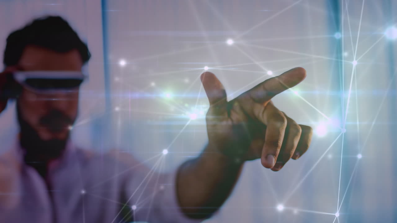 animación de la red de conexiones a través de un hombre de negocios con auriculares vr