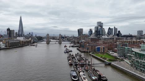 house boats moored on river thames central london uk drone,aerial