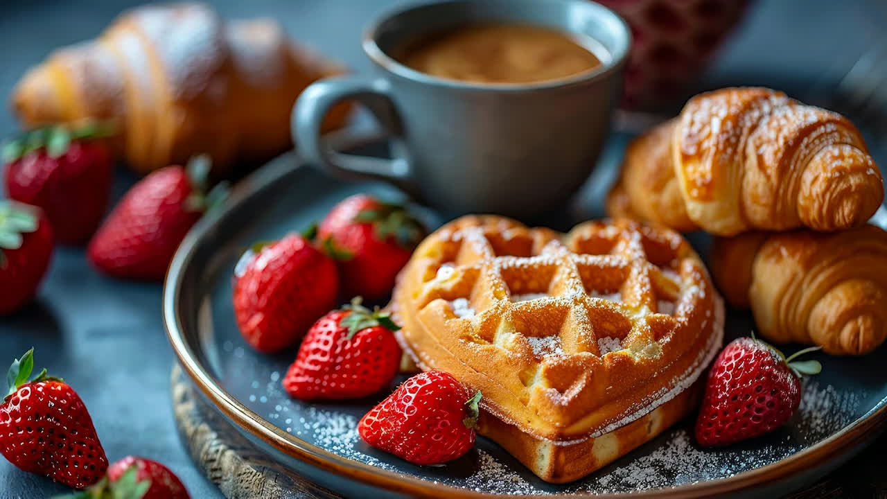 Colazione con waffle e croissant. Un piatto contiene un waffle a forma di cuore, croissant, fragole e una tazza di bevanda calda. Colazione servita su un tavolo