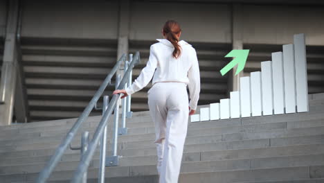 Modern-businesswoman-in-white-walk-up-stairs-in-front-of-office-building-on-digital-overlay-rising-graph-as-concept-for-career-success-and-financial-independence