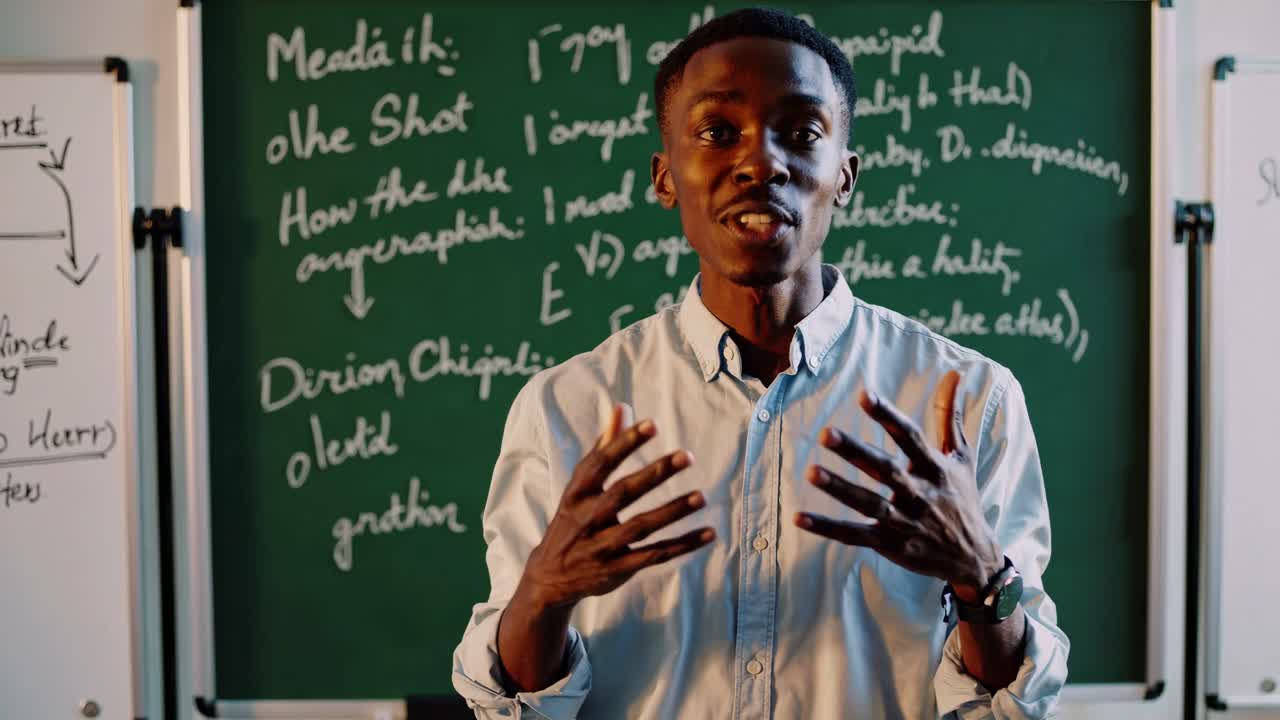 Educational video featuring a teacher explaining concepts in front of a chalkboard, shot