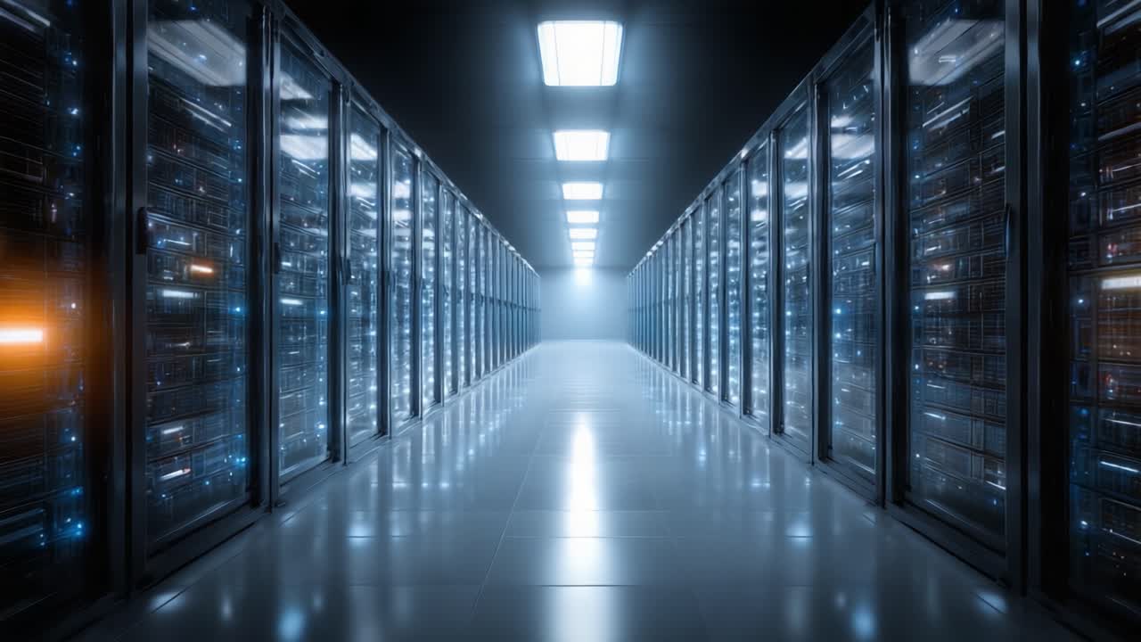 Udforskning af dybderne i et moderne datacenter: En rejse gennem gange med højtydende servere i et futuristisk miljø