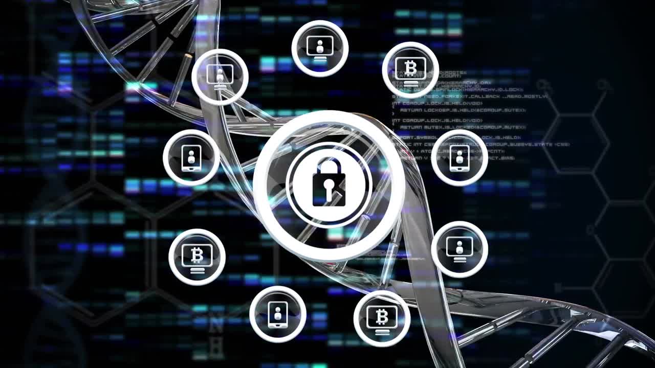 animación de cadena de adn, red de conexiones con candados de seguridad en línea sobre fondo oscuro