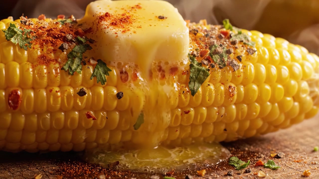 Deliciously Charred Corn on the Cob Topped with Melting Butter, Spices, and Fresh Herbs for a Flavorful Culinary Experience in Every Bite