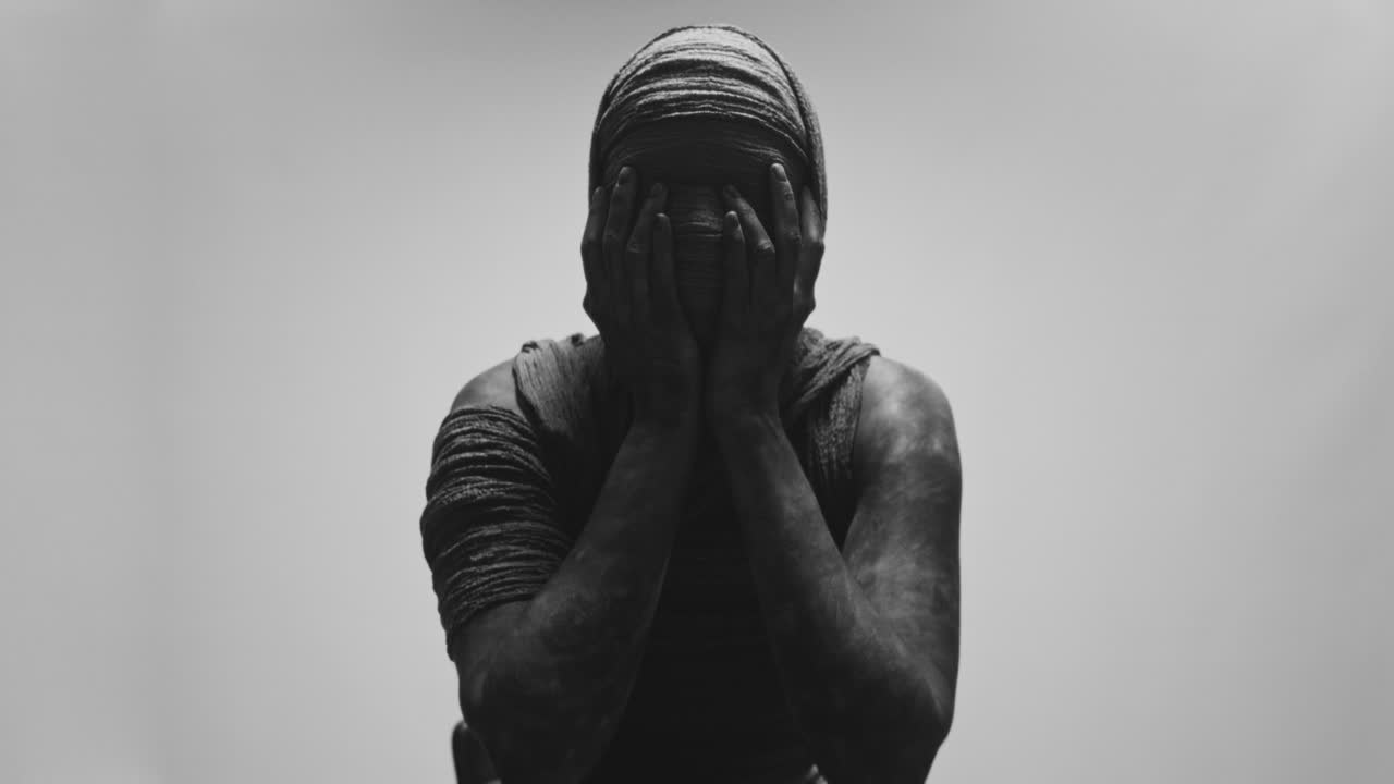 A mummified woman against the bright background in keeps her hands on her face the powerful pose full of despair