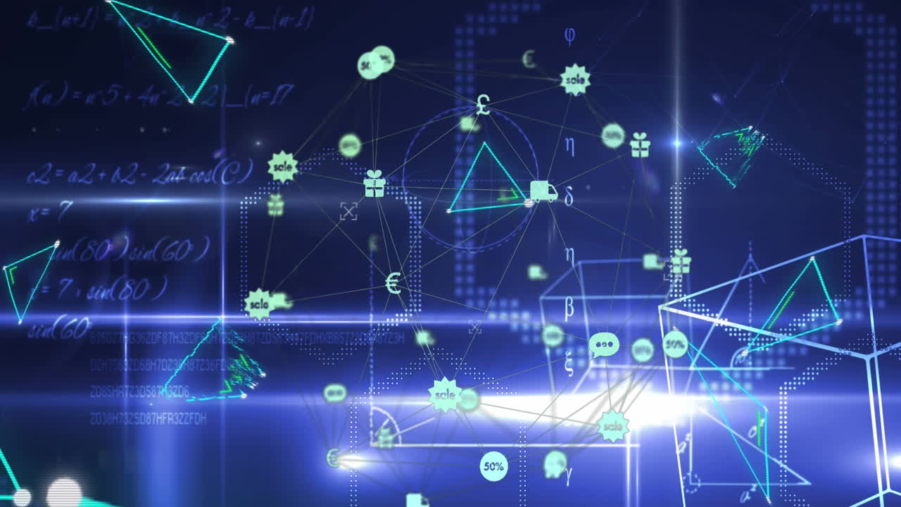 파란색 배경의 밝은 반점에 대한 디지털 아이콘과 기하학적 모양의 지구의 애니메이션