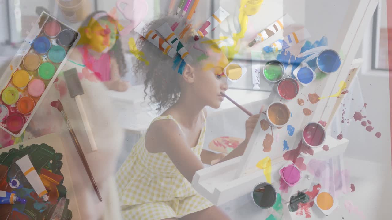 행복한 다양한 여학생들이 미술 수업에서 그림을 그리는 예술 장비의 애니메이션