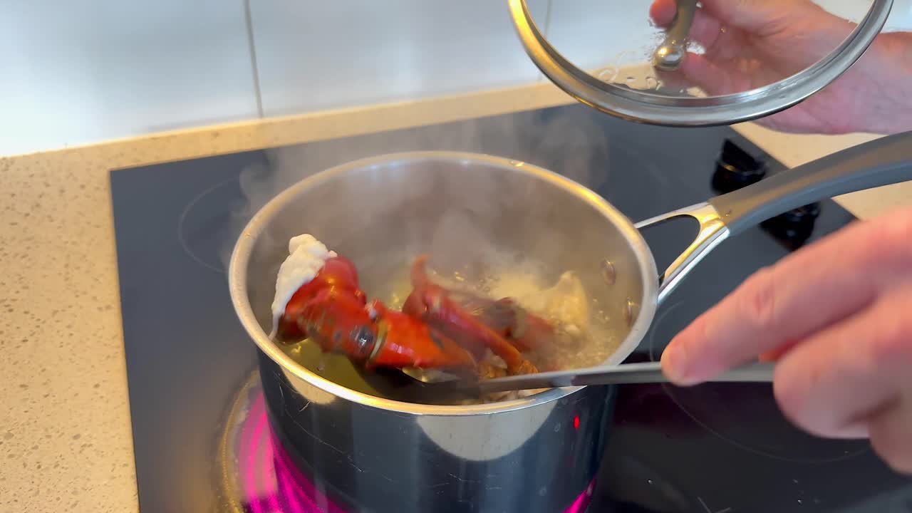 langosta siendo cocinada en una olla en la estufa