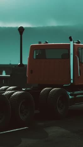 orange semi-truck parked on city street