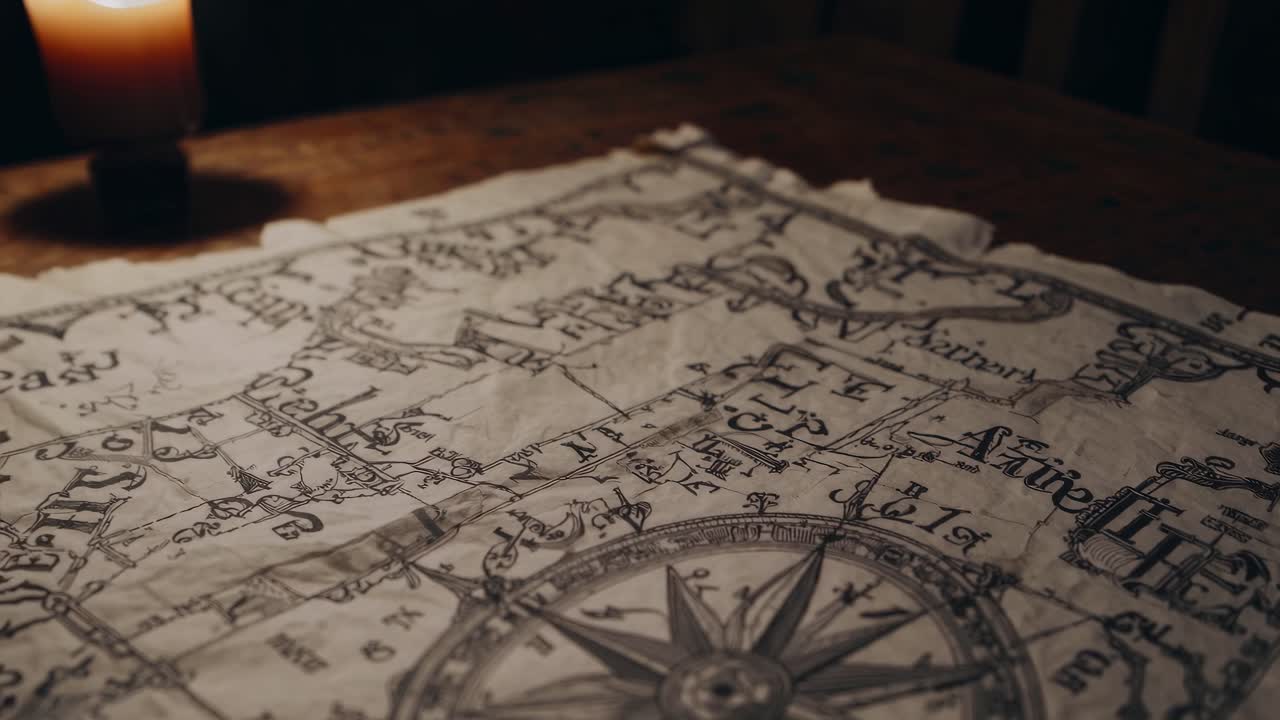 A vintage map on a wooden table, dimly lit by candlelight. The low-angle shot adds a mysterious