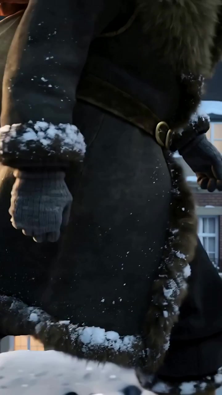 Vertical video: Walking figure in fur coat passing lamp on snowy street, carrying sack for delivery