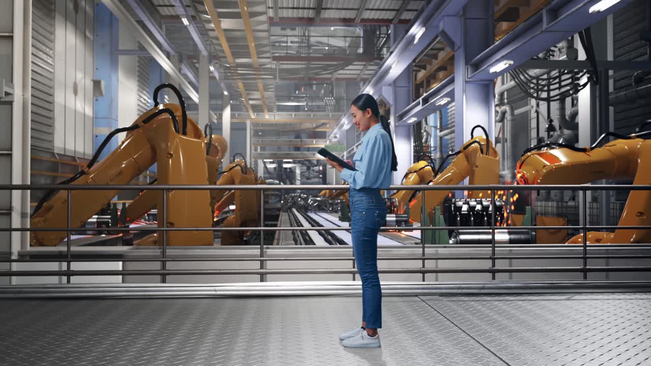 Full Body Side View Of Asian Female With Her Tablet With Industrial Robotic Arms Working, Working Continuously With Her Tablet