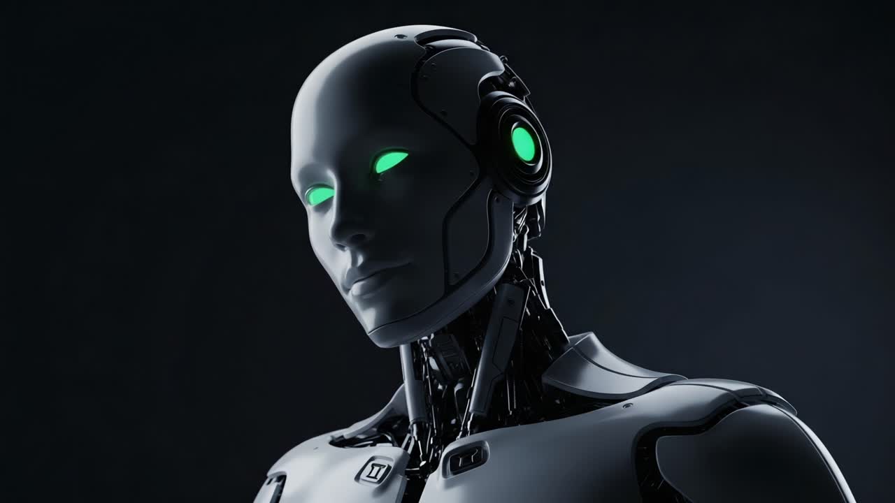 Futuristic Robot with Glowing Eyes: A Stunning Close-Up Displaying the Intricate Design and Advanced Technology of a Humanoid Machine in a Dark Background